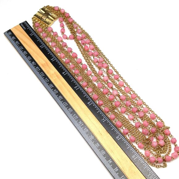 Vintage Pink Glass Multi Strand Necklace, Wide Gold Plated Clasp, 1950s - Picture 8 of 10